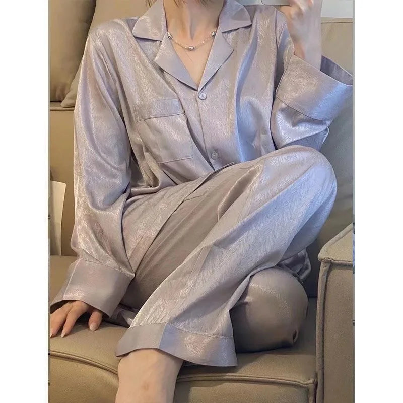 Women's Cardigan Two-pieces Set Silk Soft Sleepwear
