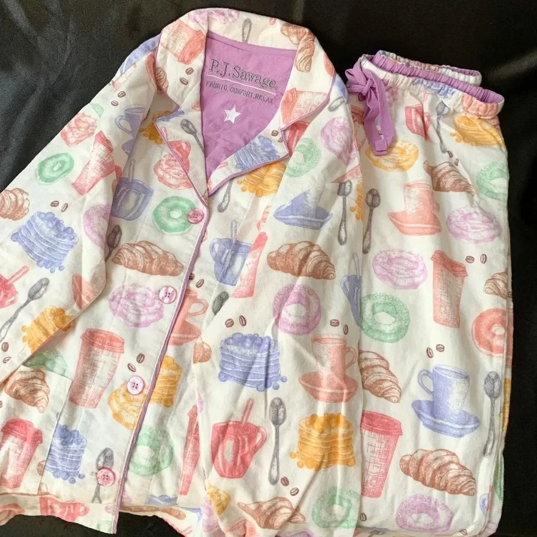 Women's Pajamas Set Cute Cartoon Print Sleepwear Top&pants Two-piece Soft Cotton Femme Nightwear