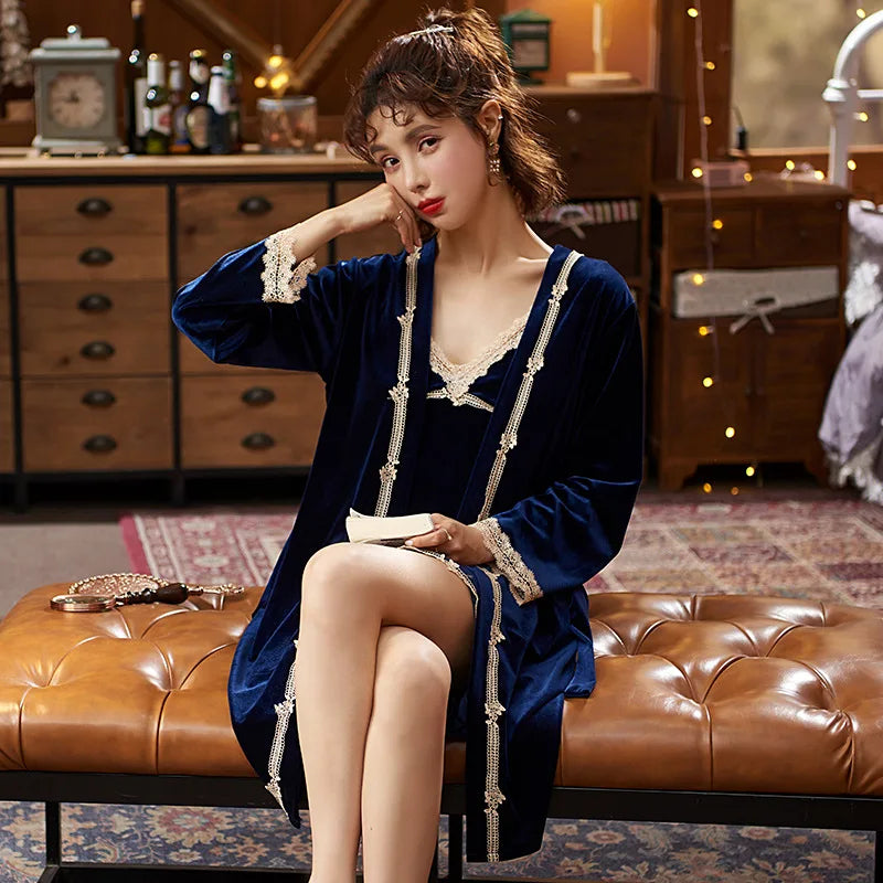 Lace Velvet 4 Pieces Women Warm Pajamas Sets With Pants Sexy Robe Sleepwear Sleeveless Nightwear