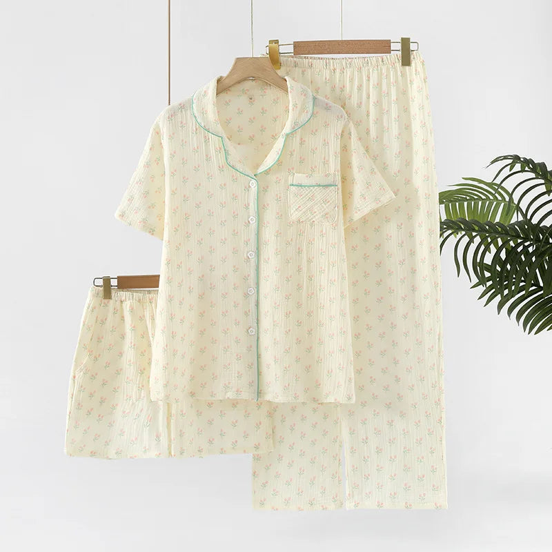Pure Cotton Three-piece Thin Crepe Fabric Collar Short Sleeved Pants Shorts Set