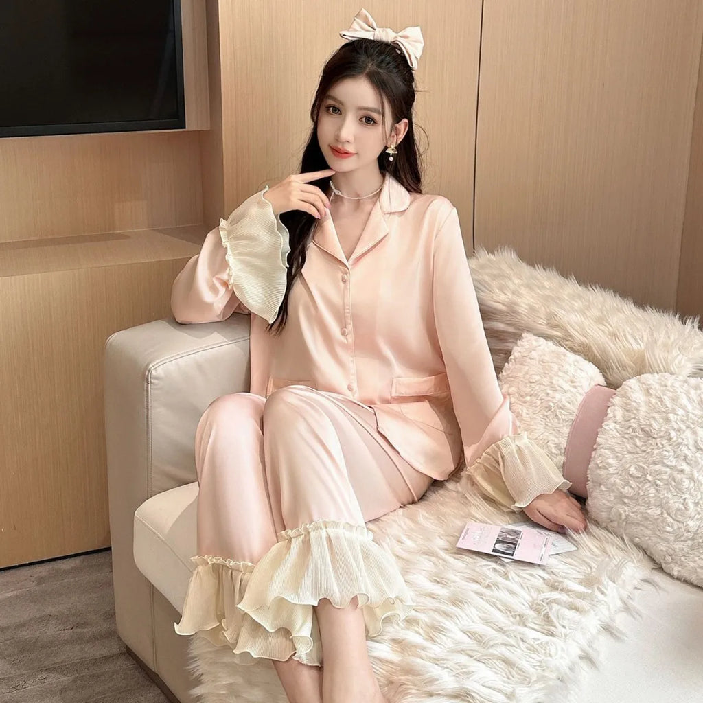 Women's Long-Sleeved Two-piece Silk Pajamas Set Solid Color Cool Nightgown