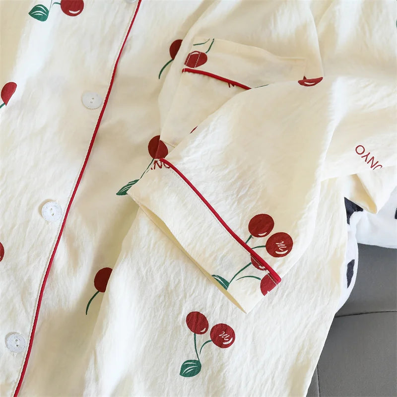 Cherries Print Two Pieces Cotton Pants and Top Set