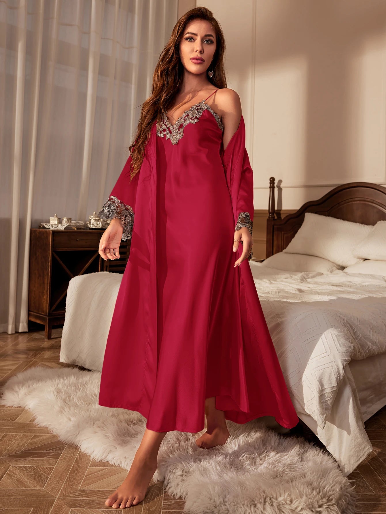 Contrast Lace Pajama Set Long Sleeve Robe With Belt V Neck Slip Dress