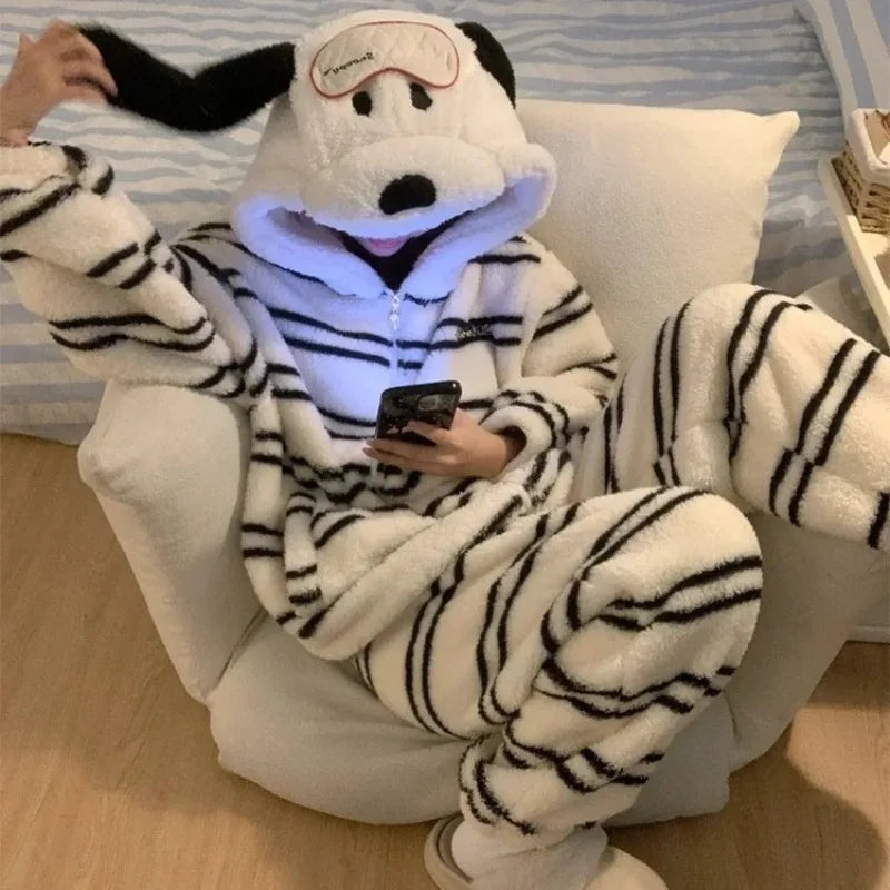 Cute Girl Cartoon Puppy Hooded Coral Fleece Loungewear Set