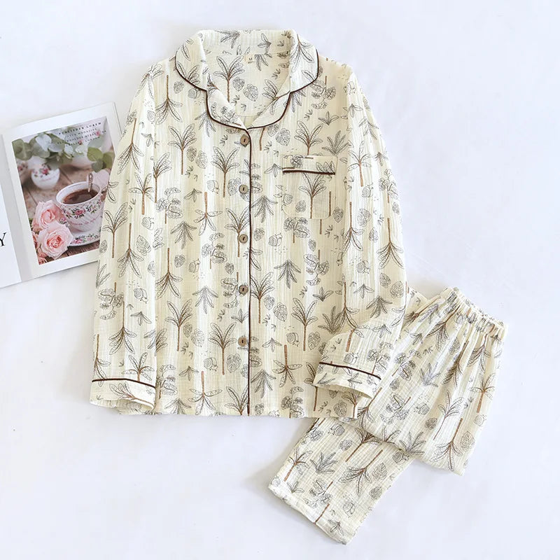 Ladies 100% Cotton Crepe Long sleeved Pants Two-piece Cute and Sweet Set