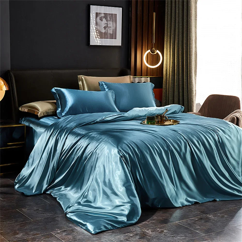 Luxury Silk Bedding Set with Duvet Cover Bed Sheet Pillowcases Satin