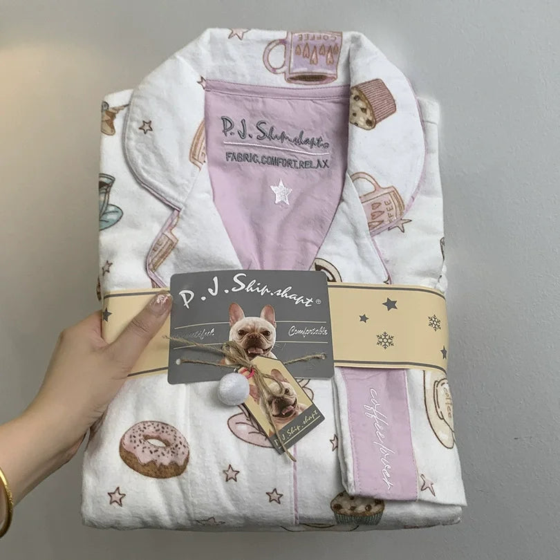 Women's Pajamas Set Cute Cartoon Print Sleepwear Top&pants Two-piece Soft Cotton Femme Nightwear