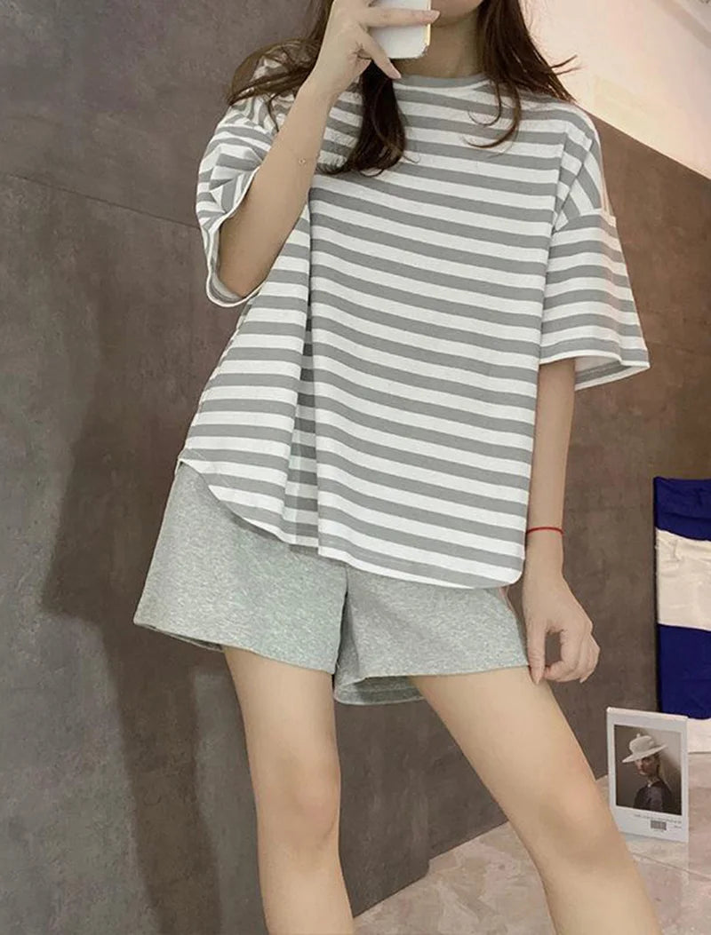 Oversized Women Striped Short Sleeve Shorts Two-piece with Self Chest Pads
