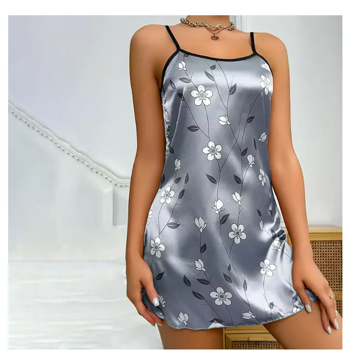 Floral Print Satin Nightgown Casual Sleeveless Backless Slip Night Dress