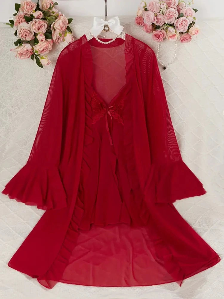 Sexy Lingerie with Suspenders Sheer Transparent Nightgown and Lace Trim
