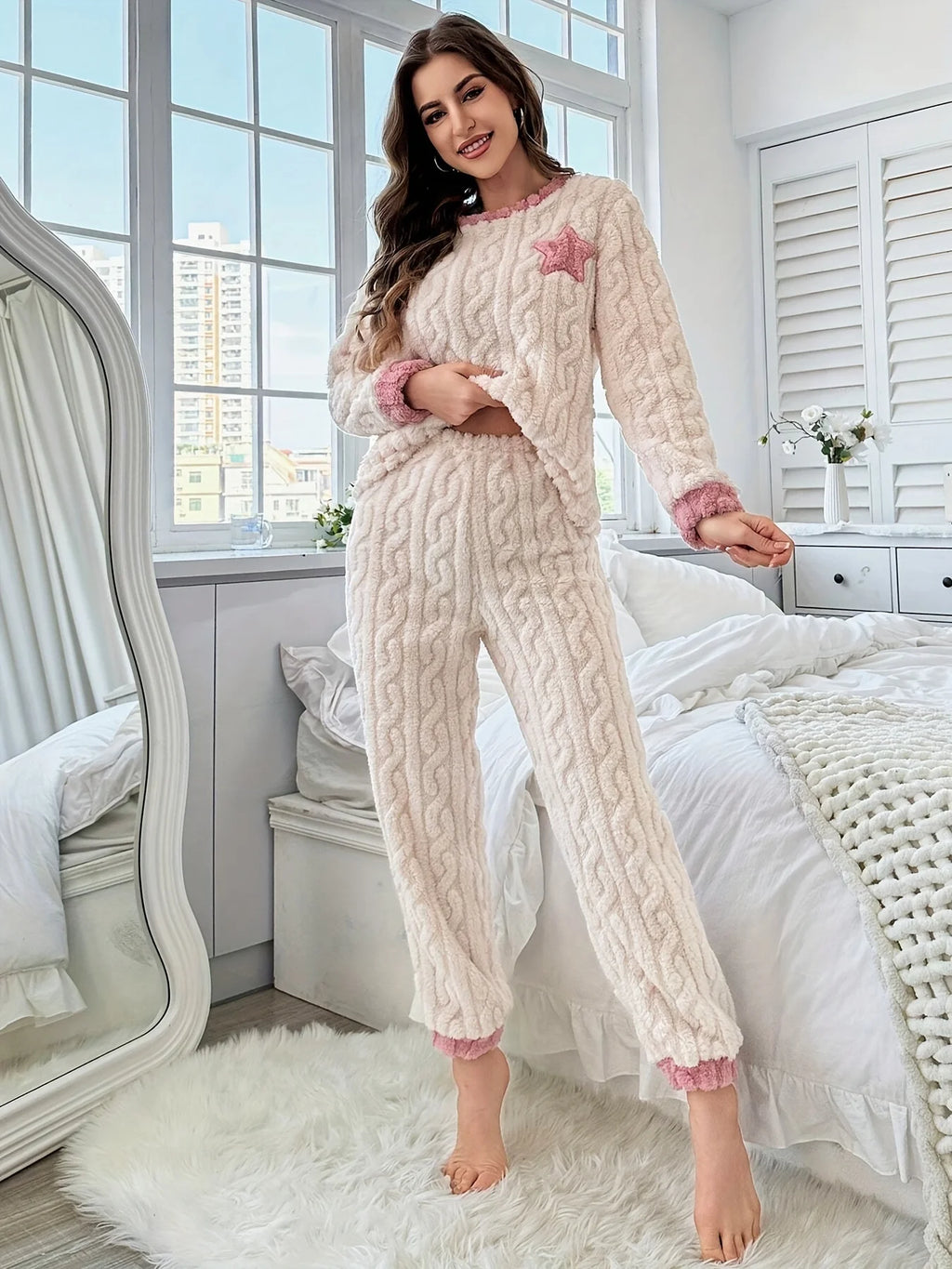 Cozy Winter Pajama Set for Women, Cute Star Embroidered Fleece Warm & Comfortable Homewear