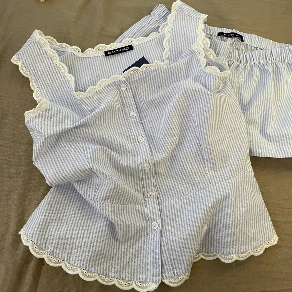 Striped Women Summer Sleeveless Shorts Sets 2 Pieces Lace Night Wears