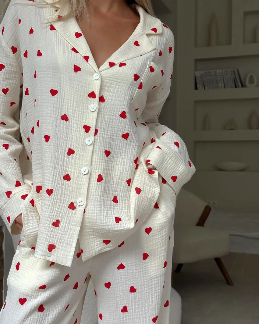 Women's Heart Print Long-Sleeve Lapel Chest Pocket Top And Pants Soft Cotton Fabric Loose Sleepwear