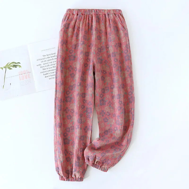 Jacquard Cute and Fresh Flower Pants 100% Cotton Loose Closing Home Pants