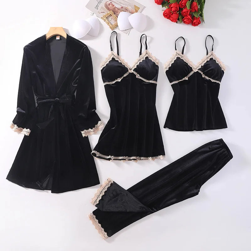 Lace Velvet 4 Pieces Women Warm Pajamas Sets With Pants Sexy Robe Sleepwear Sleeveless Nightwear