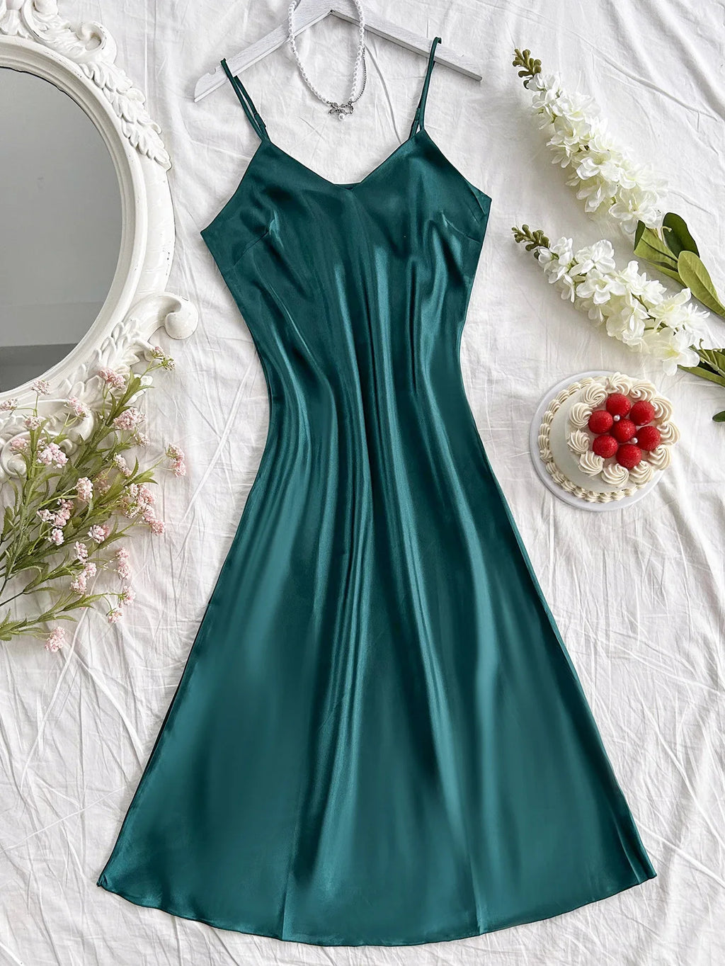 Elegant Satin Sexy Long Slip Solid Color Nightdress