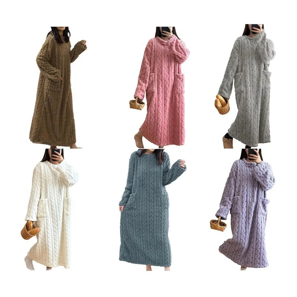 Velvet Women's Long Sleeve Double Pocket Flannel Loose Solid Sleepwear