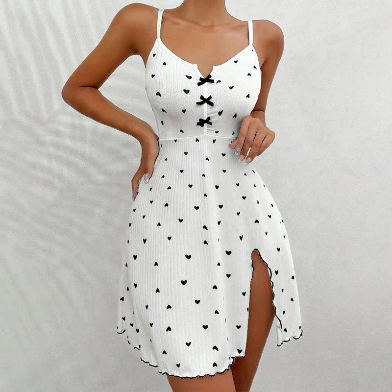 Heart-Printed Rib Front Deep V-Neck Spaghetti Strap Sleep Dress