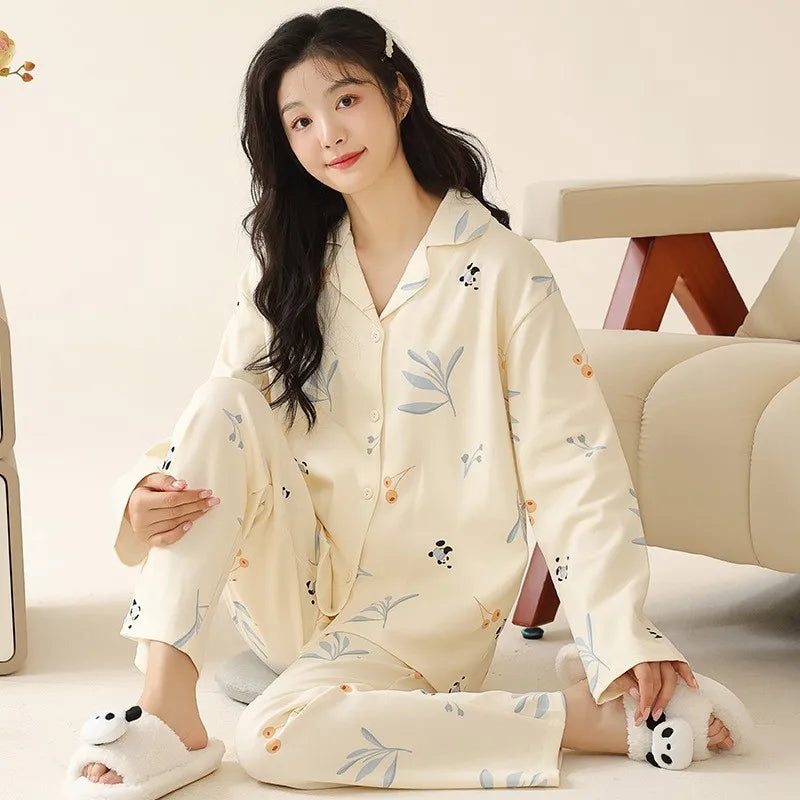 Women's Cardigan Long-sleeved Long Pants Cotton Comfortable Pajamas
