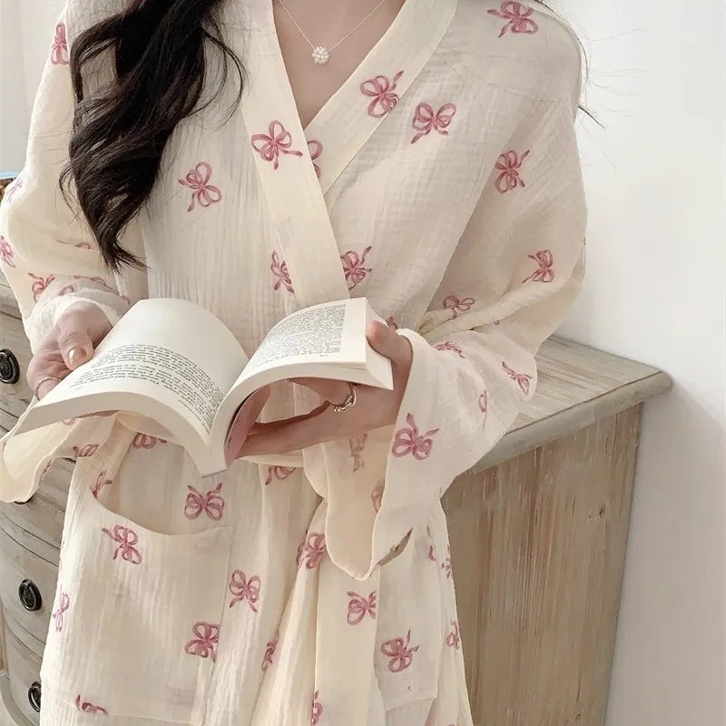 Korean-Style Pink Bow Casual Loose-Fit Loungewear Gown