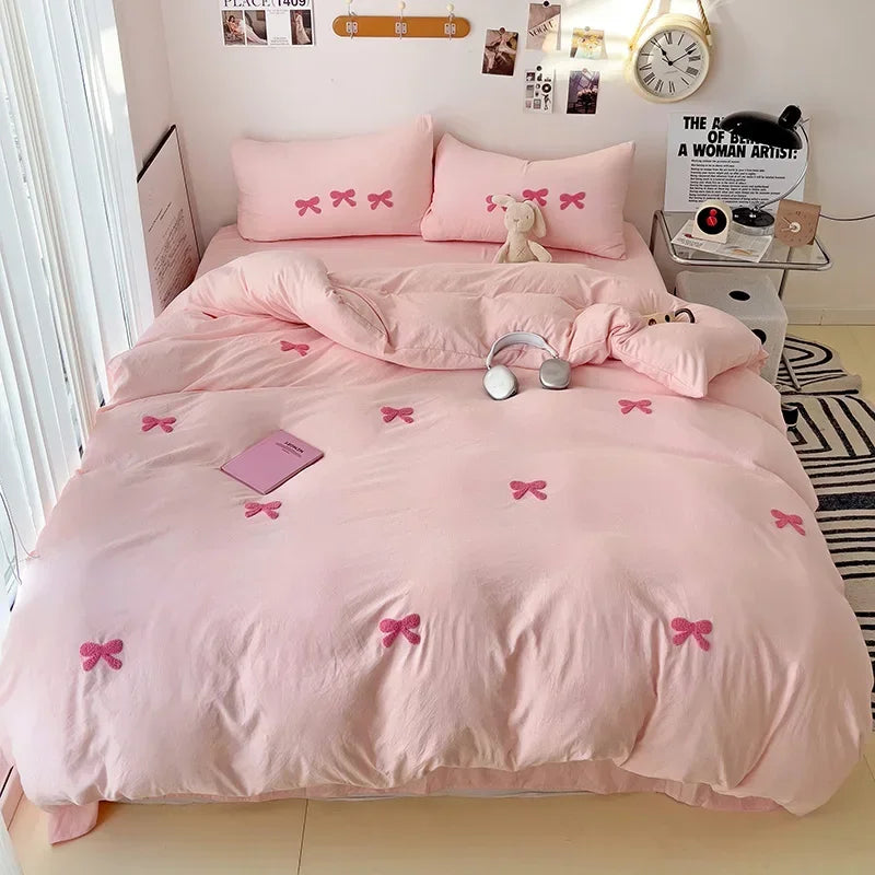 3D Embroidered Bow Quilt Set Cotton Pink Comfortable Soft Bedding