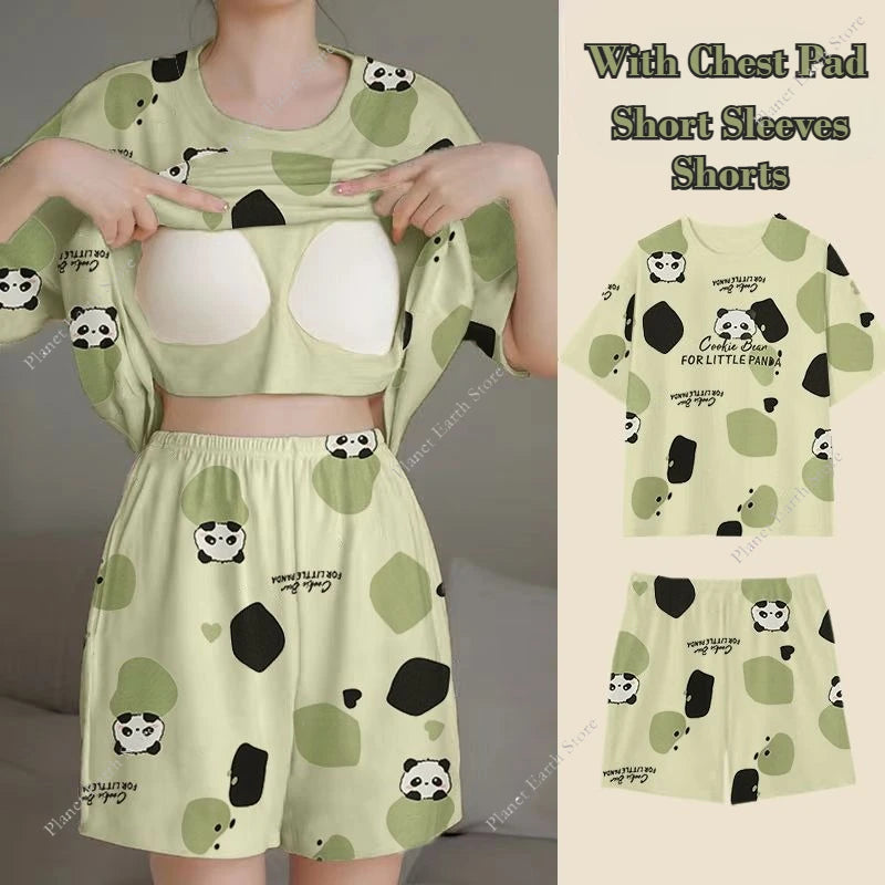 Pajama 2Pcs/Sets Short Tops and Shorts with Chest Pad