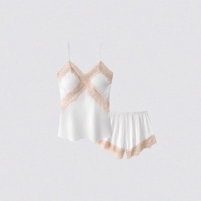 V Neck Spaghetti Strap Two Piece Sexy Satin Lace Trim Cami Top Shorts Lingerie