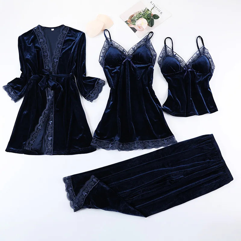 Lace Velvet 4 Pieces Women Warm Pajamas Sets With Pants Sexy Robe Sleepwear Sleeveless Nightwear