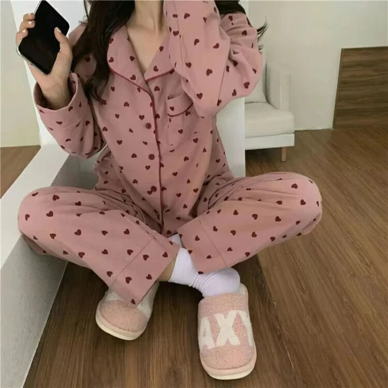 Peach Heart Long Sleeves Silk Pajamas