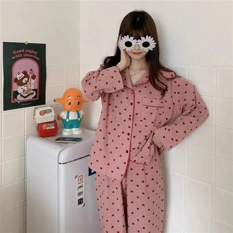 Peach Heart Long Sleeves Silk Pajamas