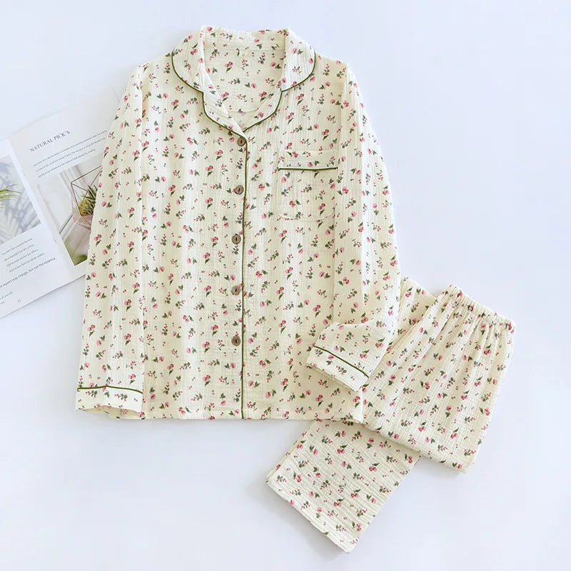 Ladies 100% Cotton Crepe Long sleeved Pants Two-piece Cute and Sweet Set