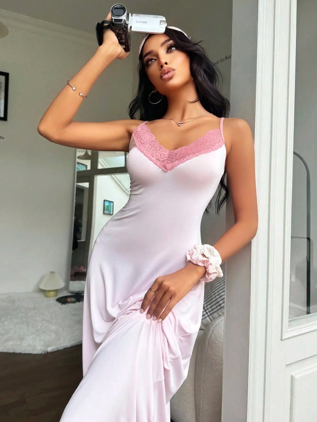 Lace Trim Nightgown Soft Satin Sleep Dress with High Slit & V-Neck