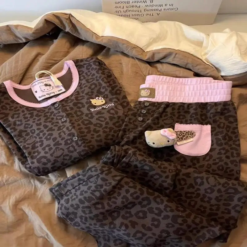 Leopard Print Hello Kitty Women Embroidery Long Sleeve Sweet Slim Fit Homewear Set
