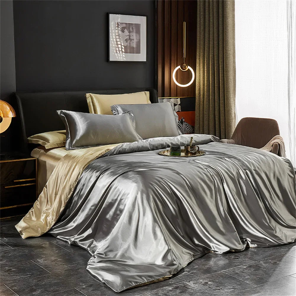 Luxury Silk Bedding Set with Duvet Cover Bed Sheet Pillowcases Satin