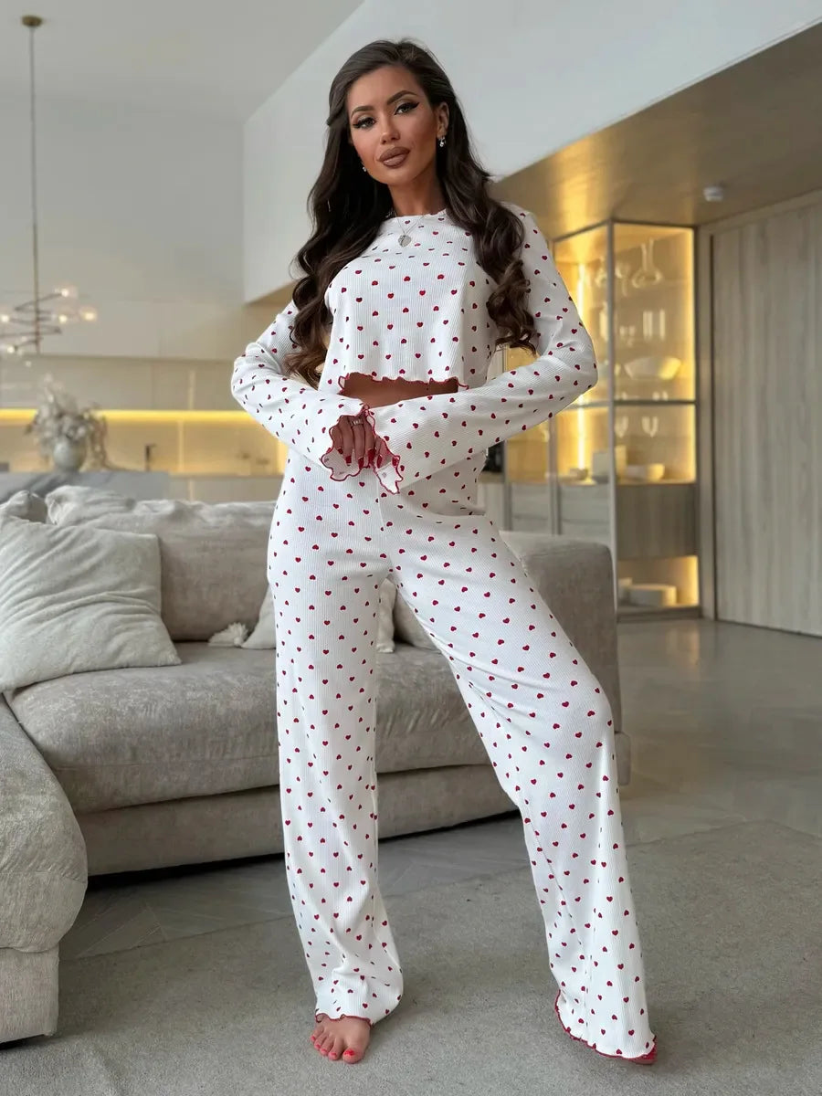 Y2K-Style Two-piece Cherry/Heart Print Cuffed-Long-Sleeve Tops and Long Trousers