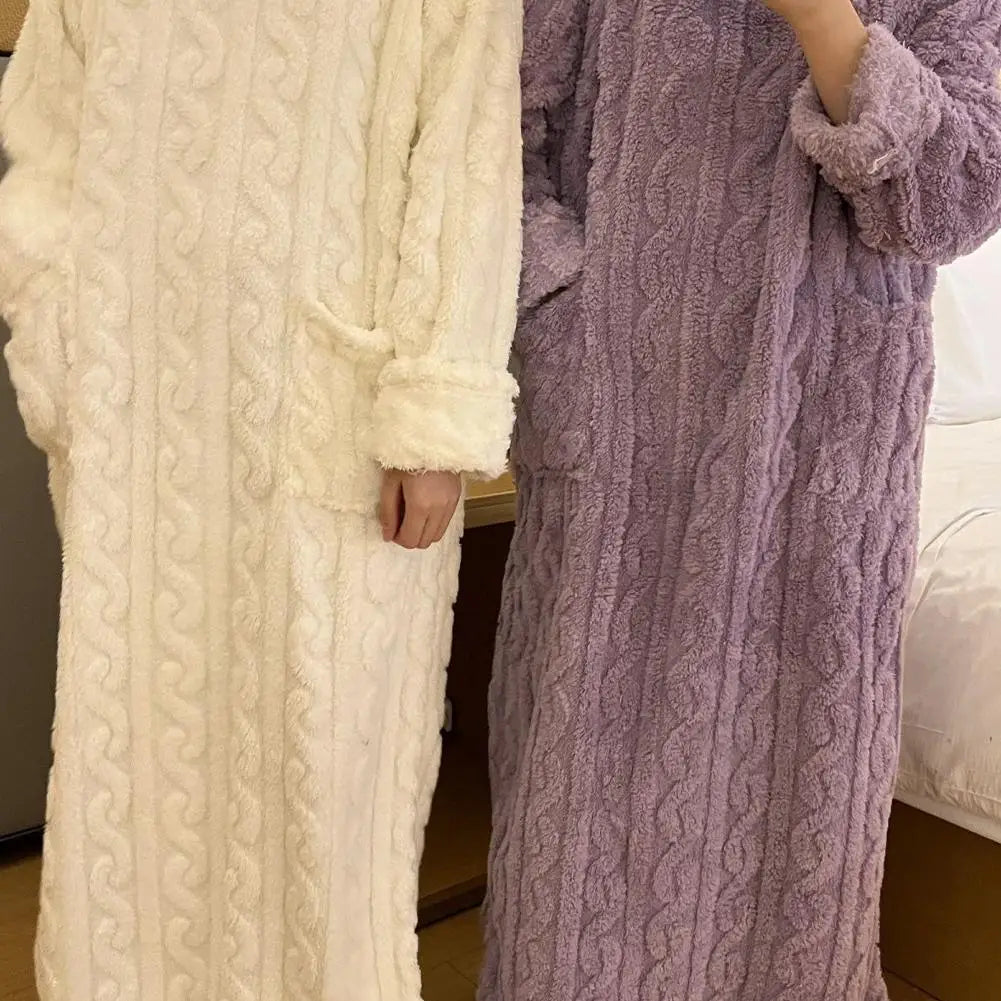 Velvet Women's Long Sleeve Double Pocket Flannel Loose Solid Sleepwear