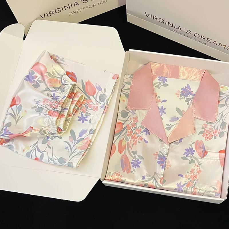 Sweet Peony Floral Prints Silk Female Casual Sleepwear