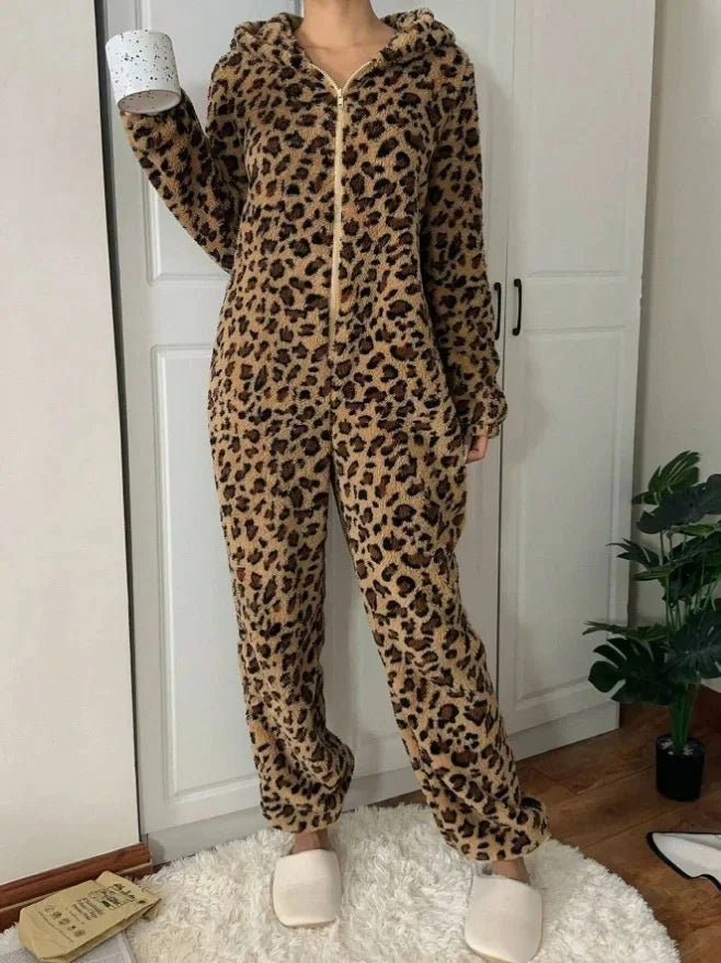 Leopard & Brown Patterned Fleece One-Piece