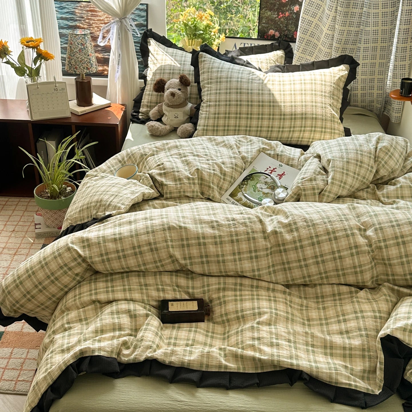Plaid Bedding Set Double Yarn Classic Vintage Duvet Cover Set Flat Sheets Set 2 Pillowcases