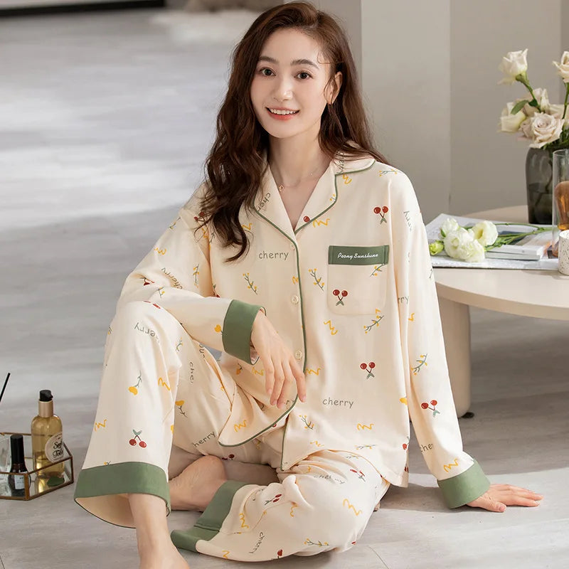 Women's Cardigan Long-sleeved Long Pants Cotton Comfortable Pajamas