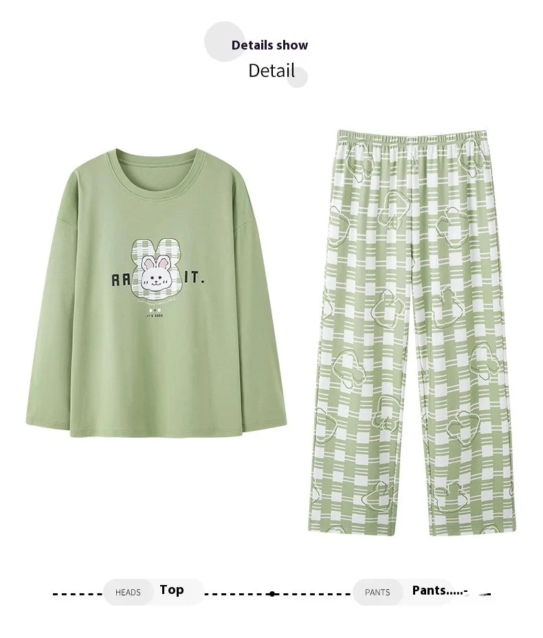 Cotton High Quality Large Size Ladies Pullover Long-Sleeved Cartoon Home wear 2PCS/Set