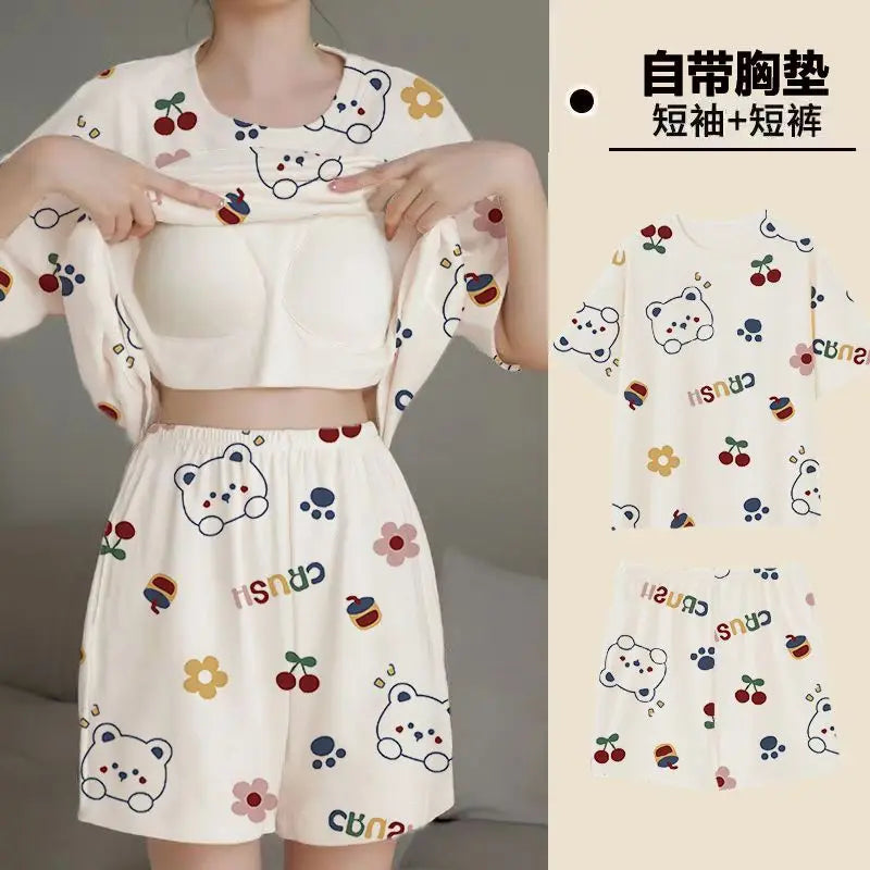 Pajama 2Pcs/Sets Short Tops and Shorts with Chest Pad