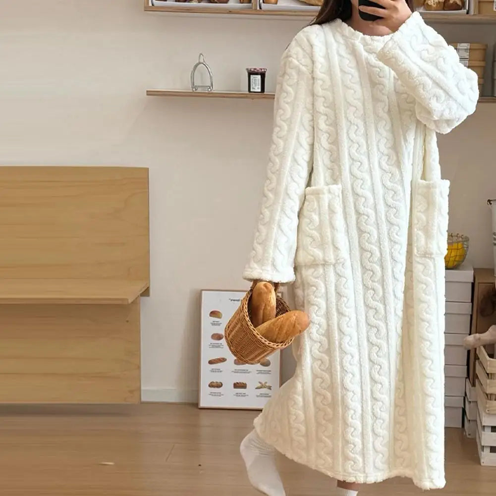 Velvet Women's Long Sleeve Double Pocket Flannel Loose Solid Sleepwear