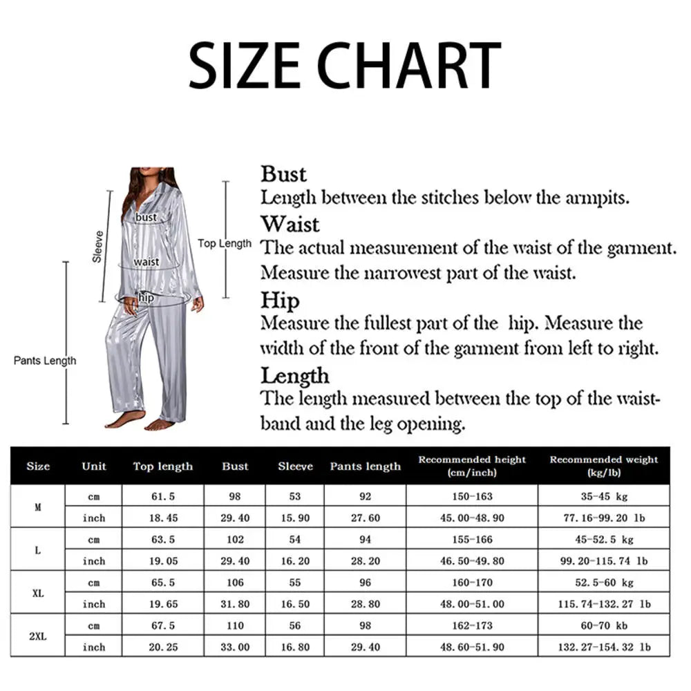 Women's Striped Pajama Set Long Sleeve Top Trousers Silk Satin Loose Casual Sleepwear