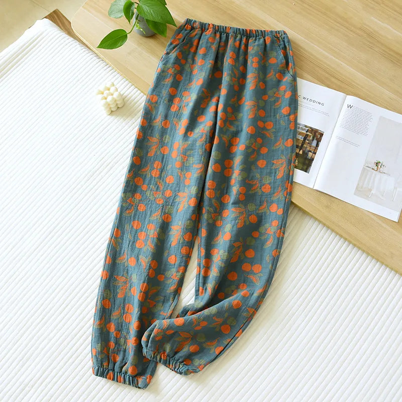 Jacquard Cute and Fresh Flower Pants 100% Cotton Loose Closing Home Pants