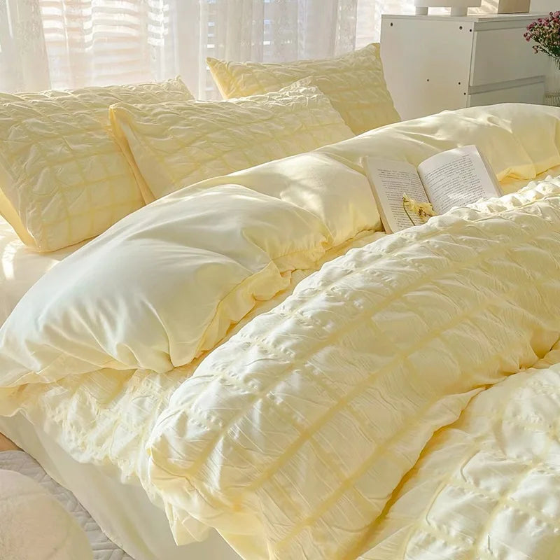 Puffy Check Bubble Fabric Set Duvet Pillowcase Bedding Sheet Quilt Cover Set