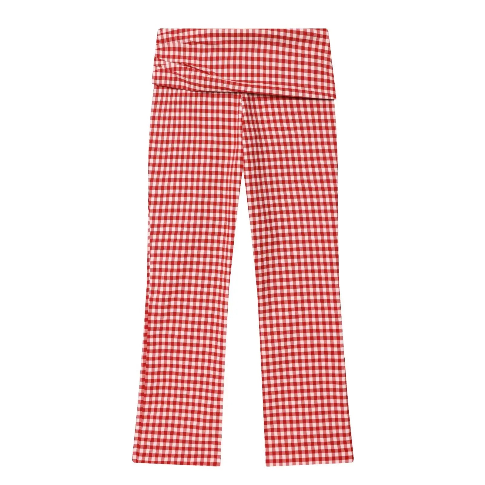 Vintage Red White Plaid 2-Piece Set Collar Zipper Sleeveless Vest+Side Slim Pant