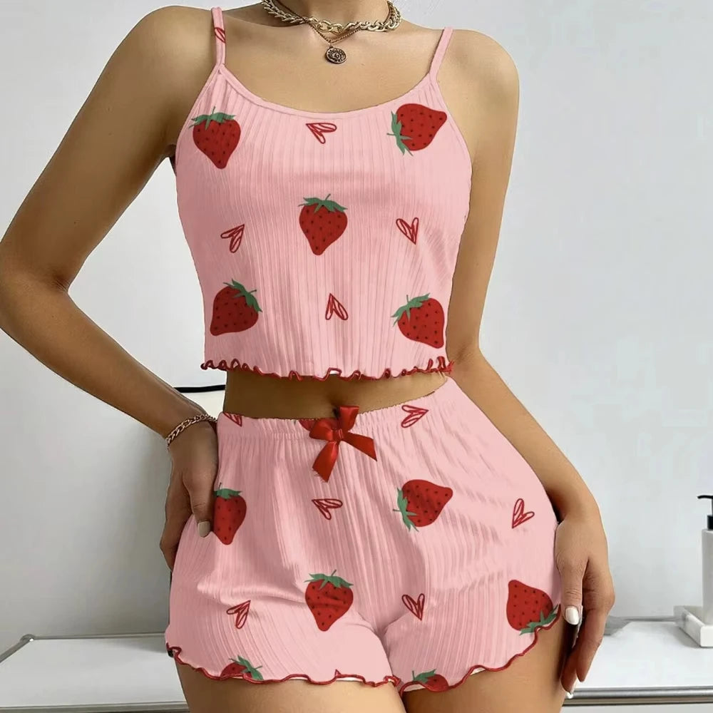 Strawberry Print Ribbed Two-Piece Knit Camisole Pajama Set