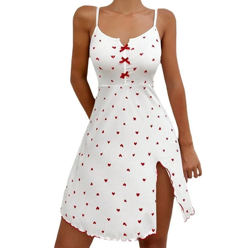 Heart-Printed Rib Front Deep V-Neck Spaghetti Strap Sleep Dress