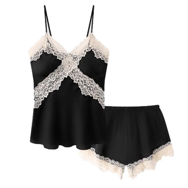 V Neck Spaghetti Strap Two Piece Sexy Satin Lace Trim Cami Top Shorts Lingerie